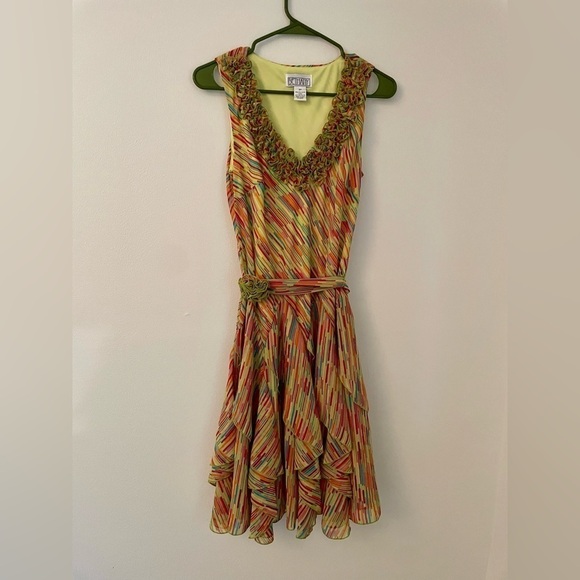 Vintage Dresses & Skirts - Vintage Y2K Bethany Multicolor Stripe Rosette Asymetrical Handkerchief Hem Dress